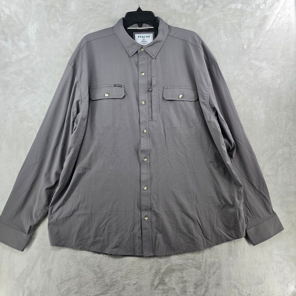Poncho Outdoors Shirt Mens XXL Gray Long Sleeve Magnetic Pockets Vented fishing